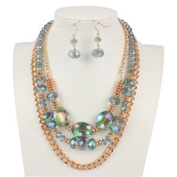 Multi Layer Green Beaded Necklace Set With Matching Long Earrings And Crystal Studded Separators